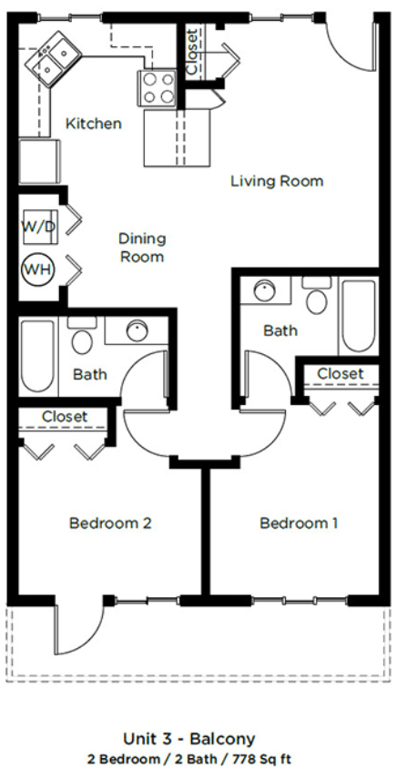 Floor plan for 2 beds, 2 baths, 778 sqft